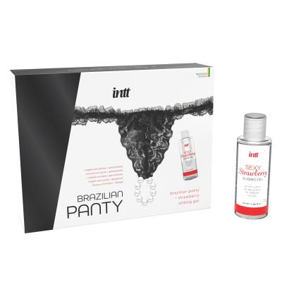 Набор кружевные трусики и лубрикант на водной основе со вкусом спелой клубники, INTT Brazilian Panty