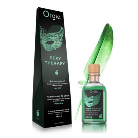 Комплект для игр Orgie Lips Massage со вкусом яблока (съедобное масло, перо), 100 мл